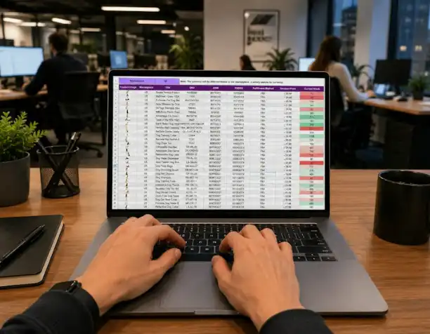Hands working on a spreadsheet