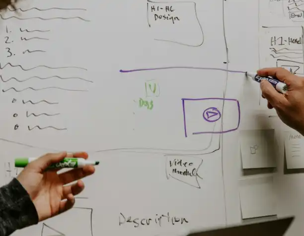 Hands drawing a plan on a whiteboard